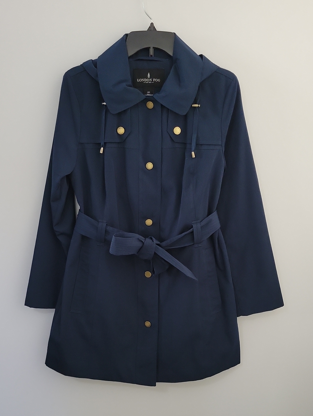 London Fog Deep Teal Hooded Trench Coat, Size Small